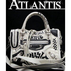 Balenciaga City Graffiti Shoulder Bag Leather Black White